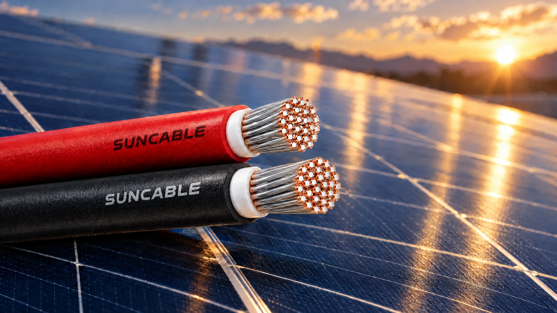 Composição editorial ilustrativa de cabos fotovoltaicos vermelho e preto diante de painéis solares